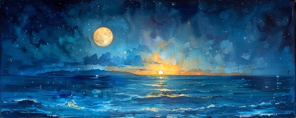 Wall Mural - Abstract moonlit ocean with stars in watercolor on white.