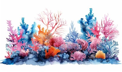 Wall Mural - Watercolor abstract coral reefscape on white.