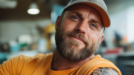 A man in a casual yellow shirt and hat, smiling calmly, embodies a relaxed and contented demeanor, emphasizing a carefree and approachable personality indoors.