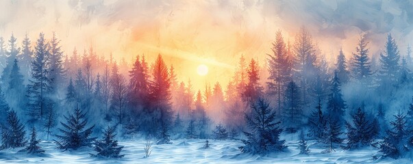 Wall Mural - Watercolor abstract winter forest with snow.