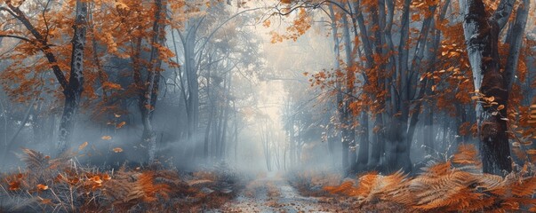 Wall Mural - Path through a misty autumn forest