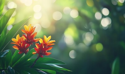 Poster - Background with Tropical Flowers and Deep Green Jungle Leaves