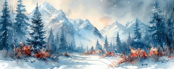 Wall Mural - Watercolor abstract winter wonderland with snow.