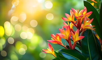 Poster - Background with Tropical Flowers and Deep Green Jungle Leaves