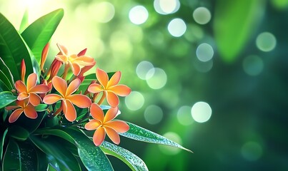Poster - Background with Tropical Flowers and Deep Green Jungle Leaves