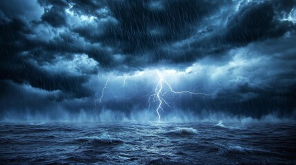 Thunder roars as lightning illuminates the dark sky above choppy waves, creating a dramatic atmosphere of a fierce summer storm