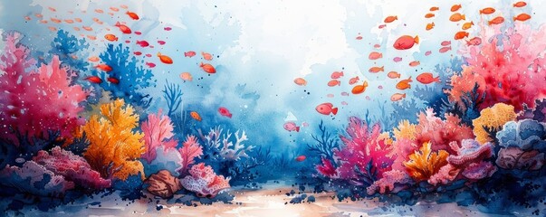 Wall Mural - Watercolor abstract vibrant coral reef with fish.