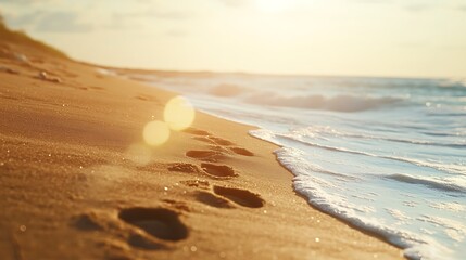 Poster - Background of Sandy Beach with Footprints and Soft Bokeh of Ocean Waves
