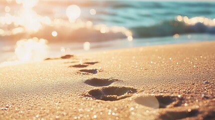Poster - Background of Sandy Beach with Footprints and Soft Bokeh of Ocean Waves
