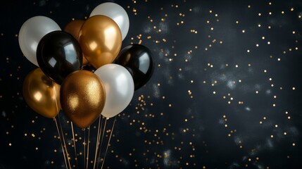 Festive gold, black, and white balloons with confetti on dark background for birthday celebration holiday banner