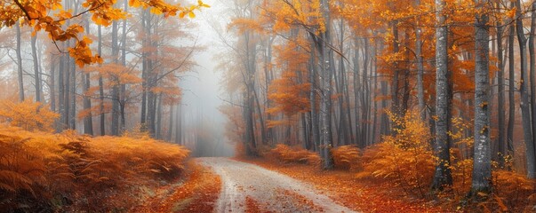 Wall Mural - Pathway through a misty autumn forest