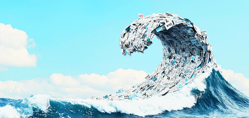 A giant wave made of protest signs crashing onto a polluted beach, symbolizing the power of activism, sustainability, ocean conservation