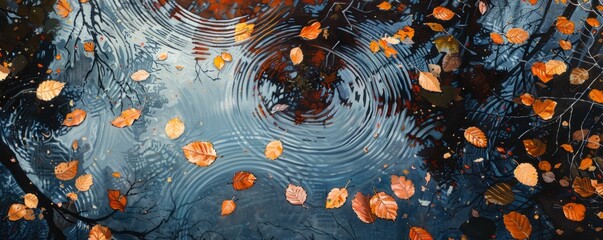 Wall Mural - Leaves floating in an autumn woodland pool