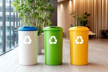 three recycling bins in a modern indoor setting, promoting eco-friendly waste management and sustain