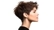 © Ratchadaporn - Stylish Woman with Textured Pixie Haircut Posed Against White Background