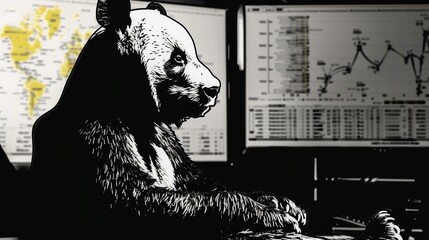 Wall Mural - a panda sits at a desk, analyzing data on multiple computer screens, symbolizing the use of the pand
