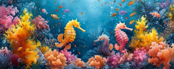 Wall Mural - Two seahorses swimming in a colorful ocean with fish swimming around them