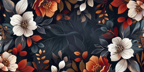 Wall Mural - An exquisitely beautiful floral pattern showcases vibrant flowers and lush leaves set against a dark backdrop