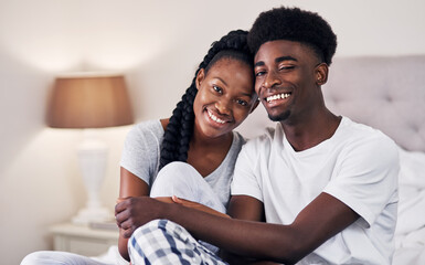 Sticker - Portrait, black couple and relax with smile in bedroom for love, care and embrace of romance bonding in morning. Happy, man and woman with marriage commitment, trust and relationship support at house