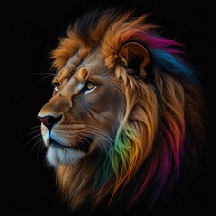 Wall Mural - a lion's head in profile, with a colorful streak of paint running through its mane