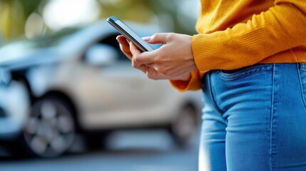 A close-up image of a woman wearing a yellow top using a smartphone, standing next to parked cars, possibly to seek help or information regarding a car issue.