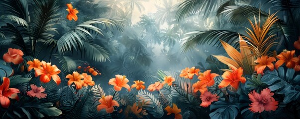 Wall Mural - Watercolor abstract lush jungle with exotic plants.