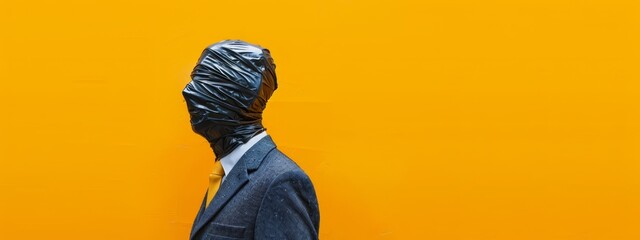 Wall Mural -  A man in a suit holds a plastic bag over his head in front of a vivid yellow wall