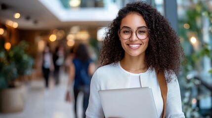 A cheerful woman with glasses and curly hair, holding her laptop in a lively indoor space, emphasizing a blend of modern technology and human connection.