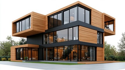 Wall Mural - Modern architectural design featuring a unique wooden house with large windows and an innovative structure surrounded by greenery.