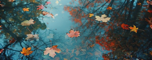 Wall Mural - Leaves floating in an autumn woodland pool