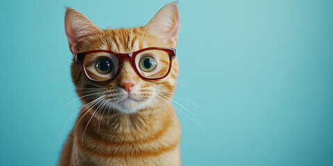 Wall Mural - A ginger cat wearing glasses against a light blue background