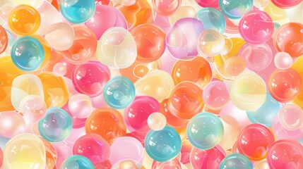 Wall Mural - playful, seamless pattern of pastel-colored bubbles floating against a soft pink background. the sph