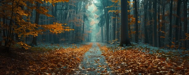 Wall Mural - Autumn leaves on a forest path