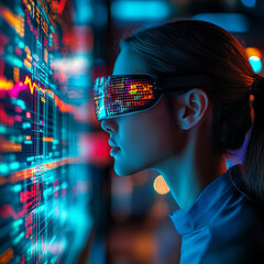 Wall Mural - A woman wearing futuristic smart glasses analyzes vibrant digital data and charts in a high-tech environment, highlighting themes of technology, augmented reality, and data-driven insights.
