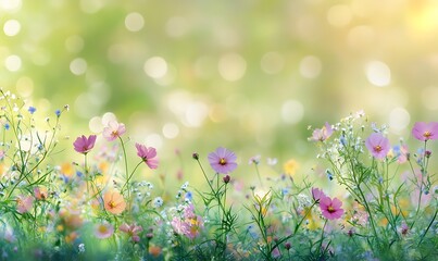 Poster - Background of Blooming Wildflowers in a Meadow with Vibrant Colors and Soft Bokeh