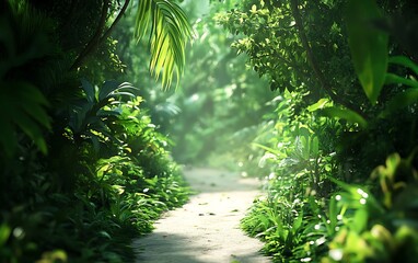 Poster - Background of a Jungle Trail with Dense Foliage and Soft Bokeh Effect