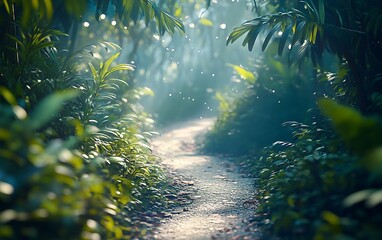 Poster - Background of a Jungle Trail with Dense Foliage and Soft Bokeh Effect