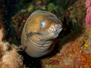 Wall Mural - A fish with a long body and a blue eye is swimming in the ocean. The fish is surrounded by rocks and seaweed