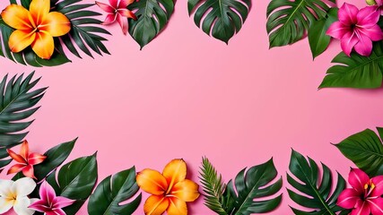 Wall Mural - Flat lay of tropical flowers and leaves arranged on a pink background, empty space place for text banner.