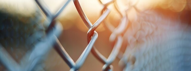  A tight shot of a chain-link fence with sunbeams filtering through its upper portion