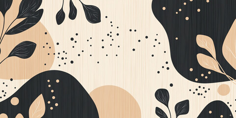 Wall Mural - Background with hand-drawn leaves and dots in a beige and black color palette. Modern organic design element for a banner, poster, or packaging template