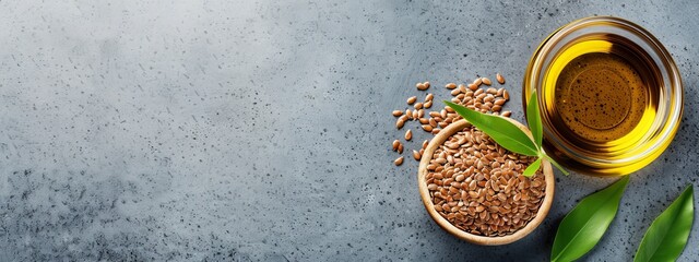 Sticker -  A wooden spoon holding sesame seeds nearby, a jar of sesame oil, and a sprig of green leaves