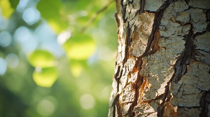 Poster - Background with Close-Up of Textured Tree Bark and Soft Green Bokeh