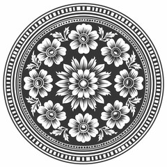 Vector round floral monochrome classic ornament. Greek meander. Patterns of Greece and ancient Rome. European border in a circle.