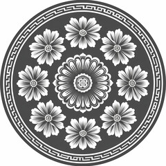 Vector round floral monochrome classic ornament. Greek meander. Patterns of Greece and ancient Rome. European border in a circle.