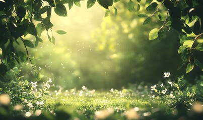 Poster - Background of a Forest Glade with Sunlight and Soft Bokeh Wildflowers