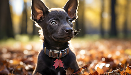 Wall Mural - Cute puppy sitting in nature, looking at camera, playful generated by AI