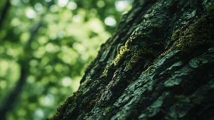 Poster - Background of Moss-Covered Tree Trunk with Deep Textures and Soft Bokeh