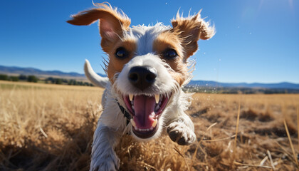 Wall Mural - Cute puppy playing in the grass, looking at camera happily generated by AI