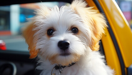 Wall Mural - Cute puppy sitting in car, looking at camera, ready for journey generated by AI